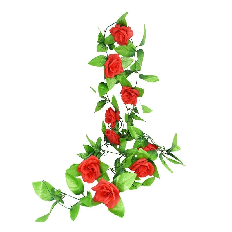 2.4m Silk Artificial Roses Flowers Rattan String Vine with Green Leaves For Home Wedding Garden Decoration Hanging Garland Wall