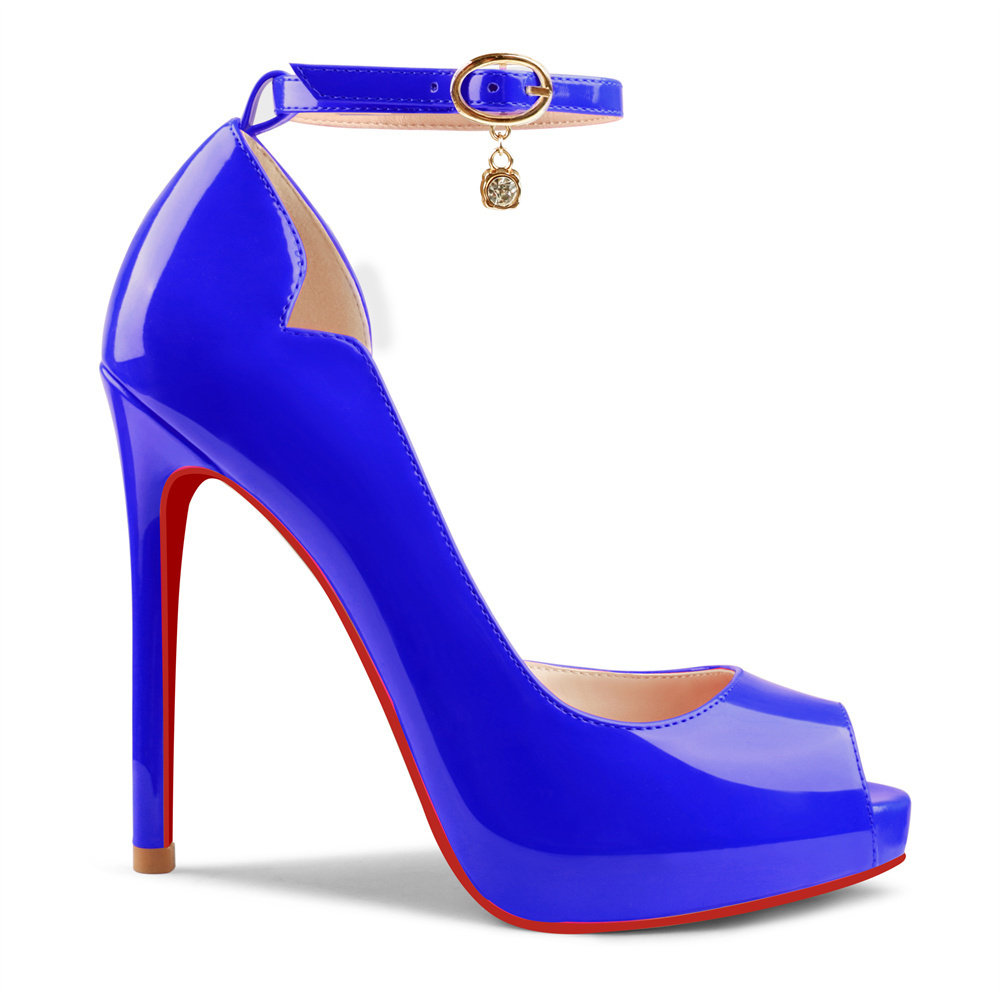 120mm Red Bottom Pendant Elastic Strap Slingback Sandals Peep Toe Platform Stilettos Patent Heels-MERUMOTE