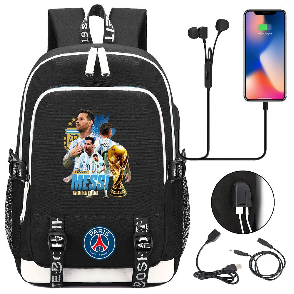 Buzzdaisy Get Your Little Messi Ready for School with our Lionel Messi Theme Backpack – Fits 15-inch Laptop, USB Charging Cable, and Ample Storage Space!