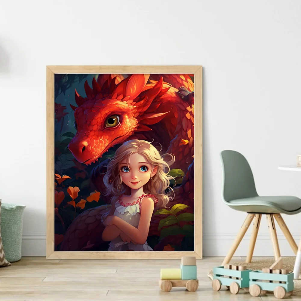 9CT Full Cross Stitch Bead Embroidery - Girl Dragon(Canvas|40*50CM)