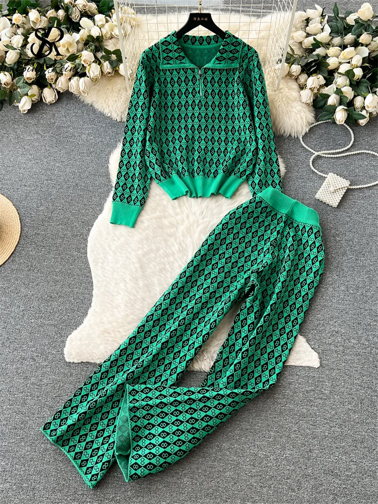 Huibahe American Retro Sweater Suits Zipper Polo Collar Loose Pullover+Wide Legs Long Pants Winter Thick Geometric Women Sets