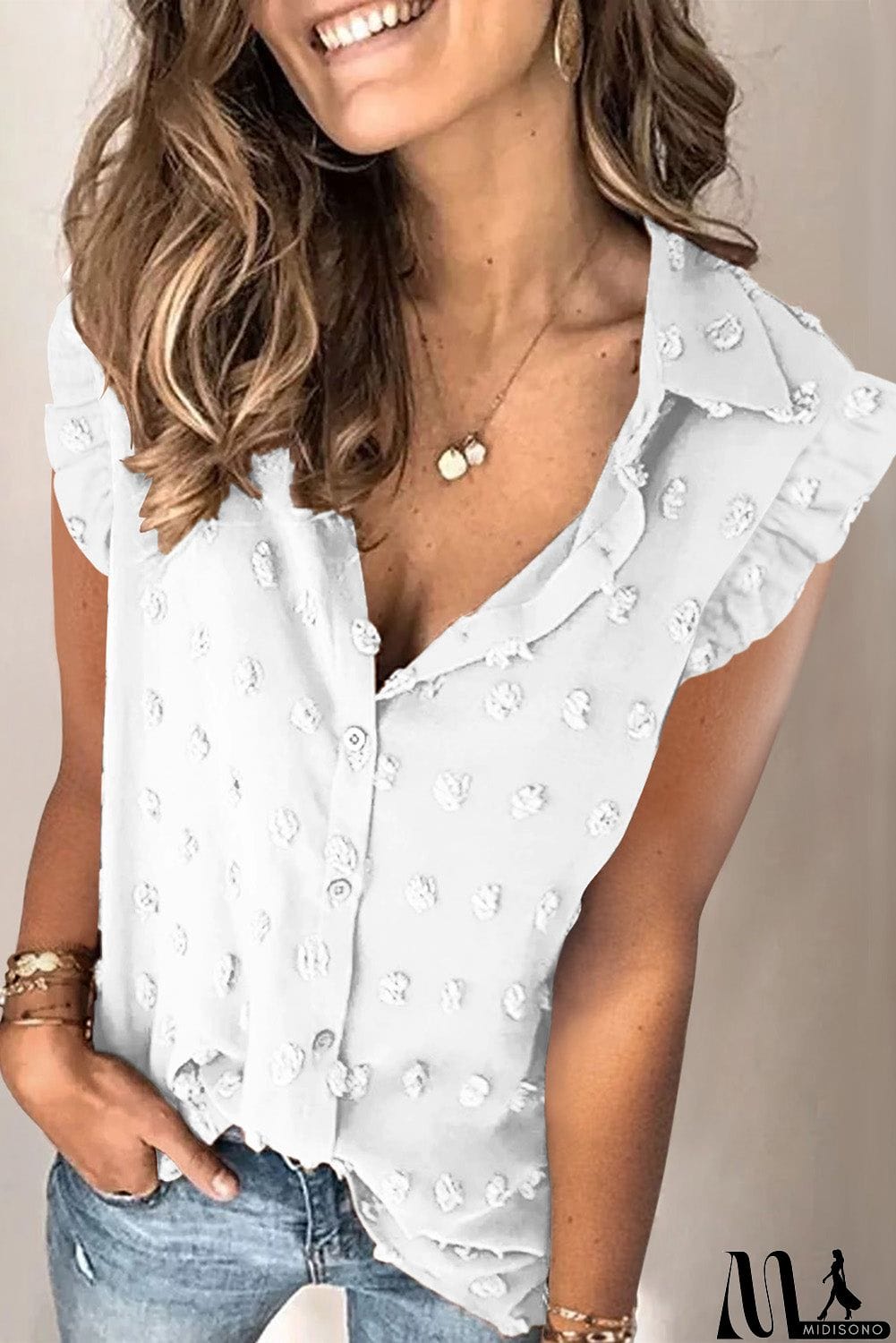 MidiSono - Turn-down Collar Ruffle Polka Dot Tank