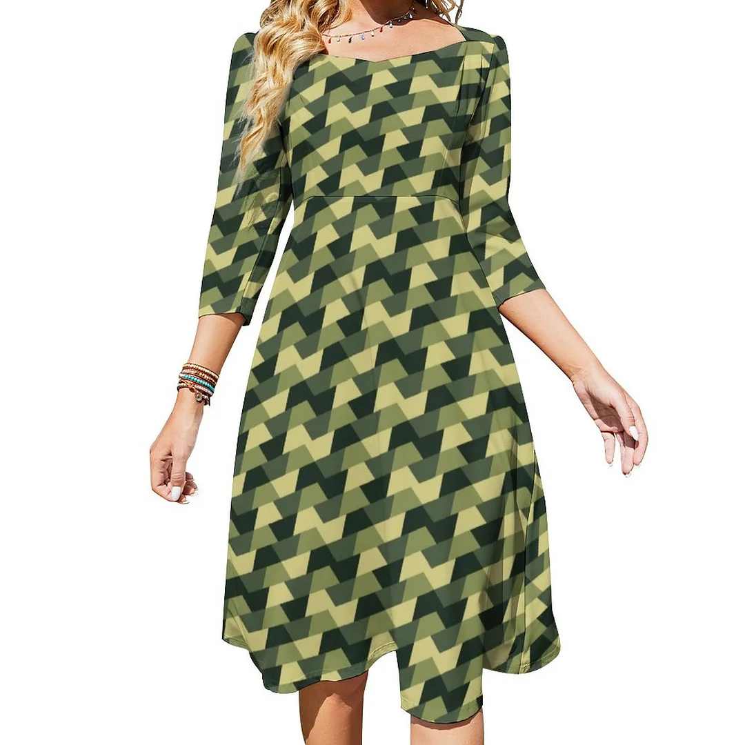 Woodland Geo Camo Dress Sweetheart Tie Back Flared 3/4 Sleeve Midi Dresses