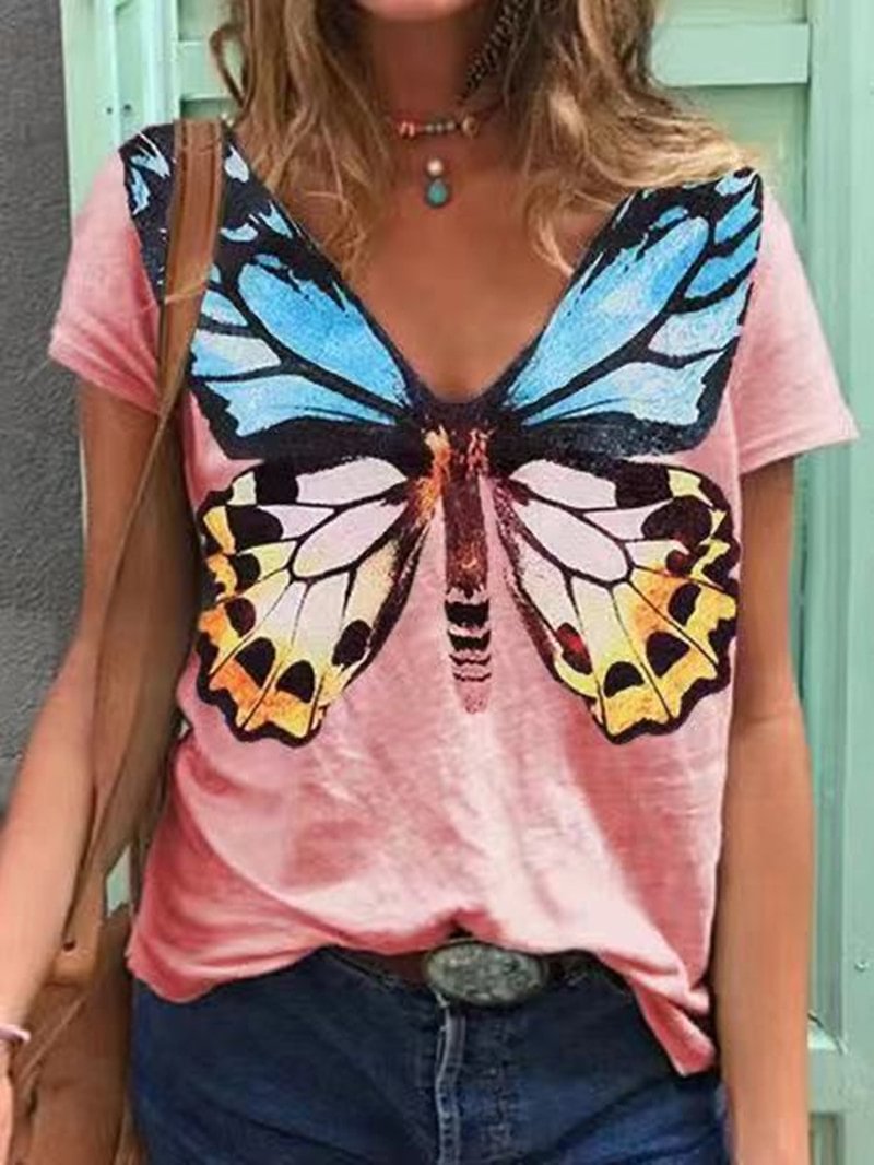  Women's T shirt Butterfly Print V Neck Tops 