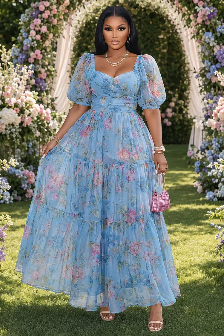Floral Sweetheart Neck Puff Sleeve Cinch Waist Maxi Dresses-Blue [Pre Order]