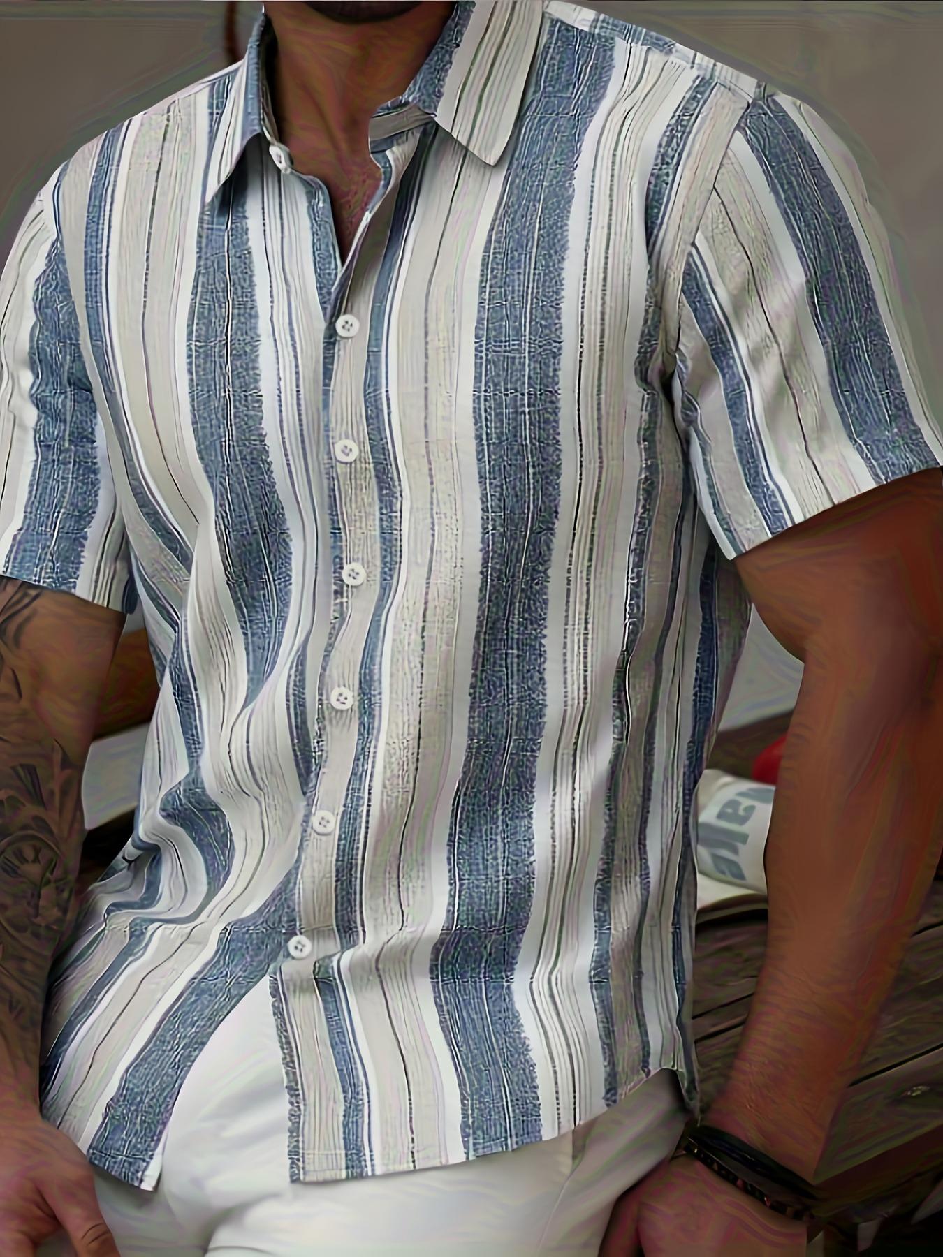Men's slim short-sleeved collared shirt - Beige brown horizontal striped button collar for summer beach getaways, office wear, Casual Business Style, Casual everyday wear, anti-wrinkle, machine washable, Casual Party Shirt