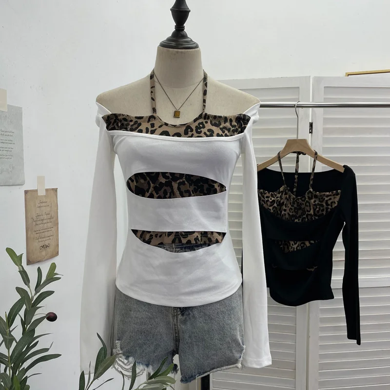 Nigikala Nigikala Shooting With Hanging Neck Leopard Print Splicing Two Long-Sleeved Tops A Short Shoulder Bottom T-Shirt 28787