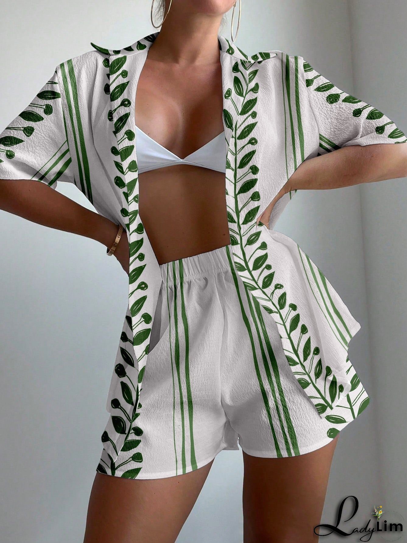 Summer vacation leaf print two-piece set