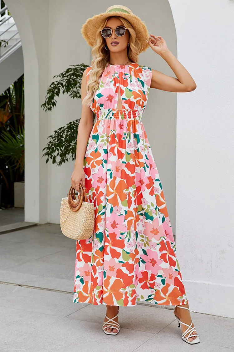 Round Neck Sleeveless Floral Print Pleated Vacation A-line Maxi Dresses