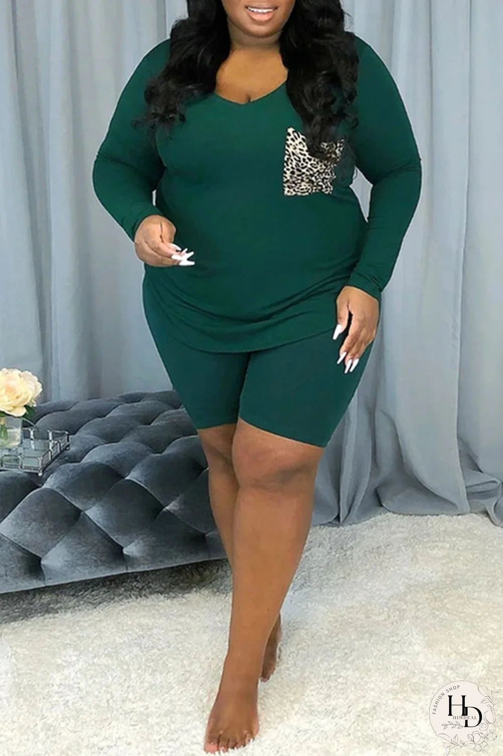 Ink Green Fashion Casual Patchwork Basic V Neck Plus Size Set