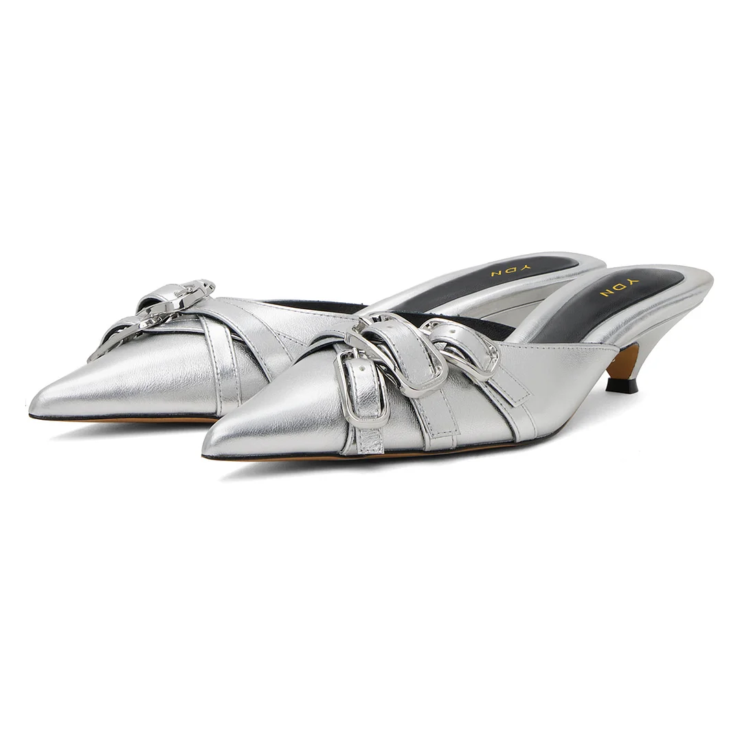 Silver Metallic Finish Pointed Toe Buckle Straps Kitten Heeled Mules