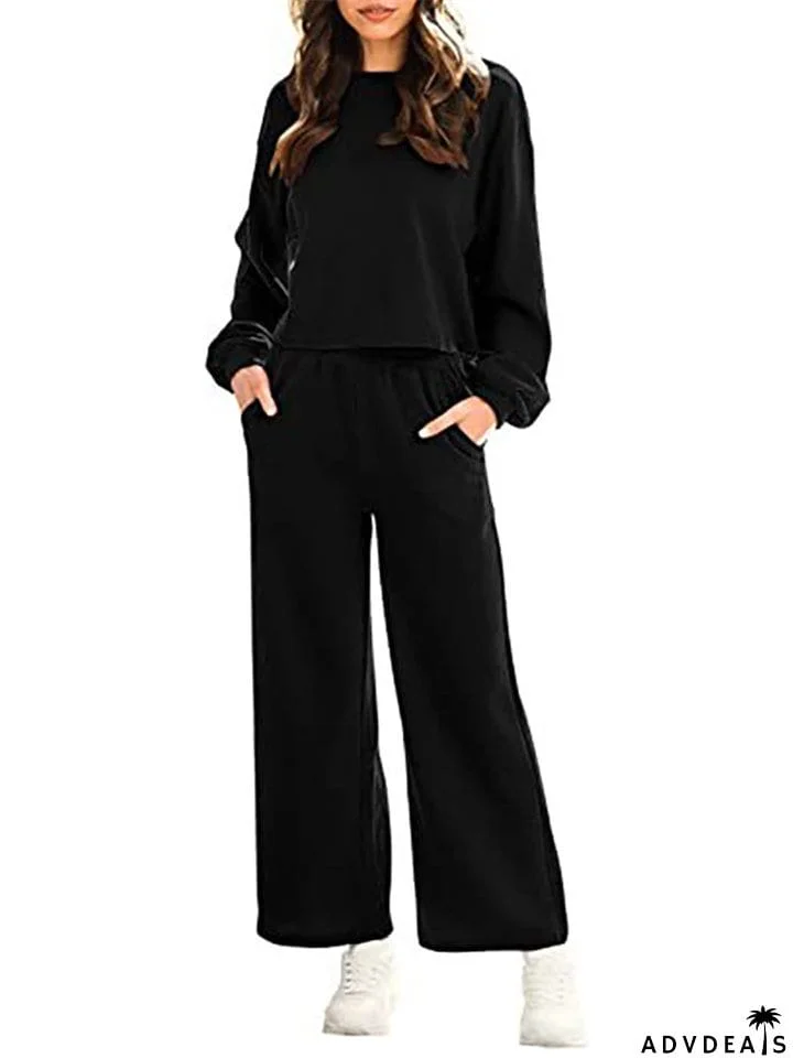 Female Leisure Cozy Pullover Long Sleeve Tops + Pocket Sweatpants