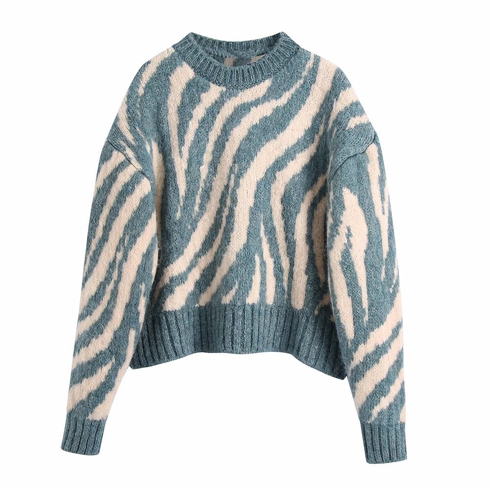 TRAF Women Fashion Jacquard Animal Print Loose Crop Knit Sweater Vintage O Neck Long Sleeve Female Pullovers Chic Tops
