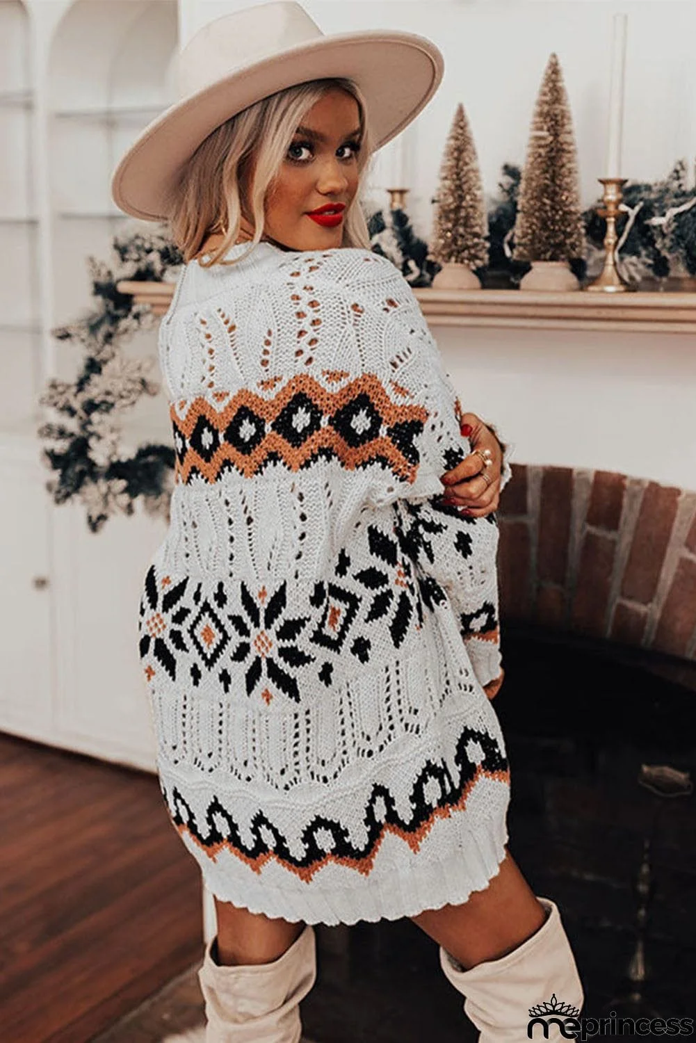 Tribal Pattern Hollowed Knit Long Cardigan