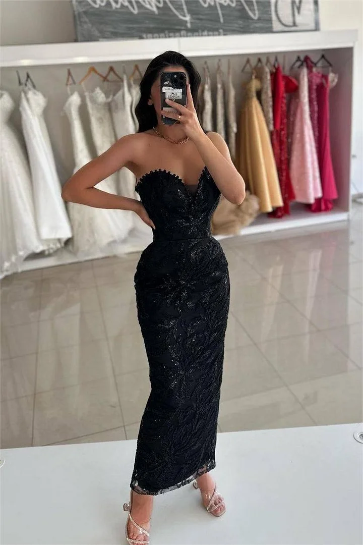 Daisda Glamorous Black Strapless Sleeveless Prom Dress With Beadings