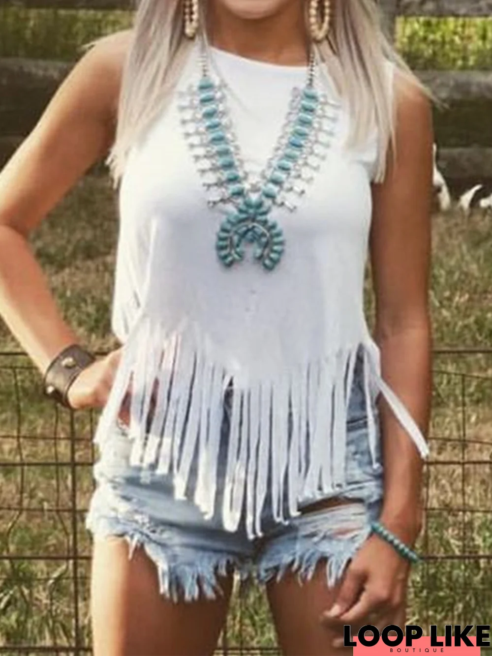 Fringed Vintage Sleeveless Crew Neck T-shirt