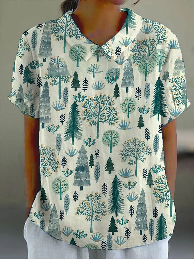 Women's Lapel Tree Specimen Print Top