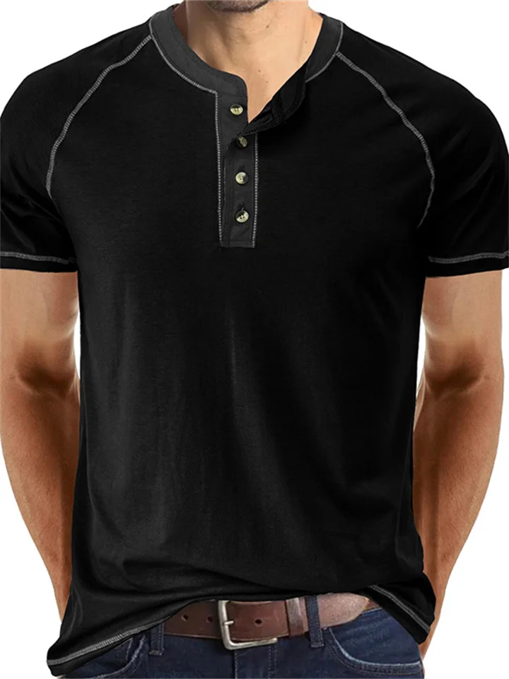 Men's Summer Round Neck Short-sleeved T-shirt Men's Henry Shirt Color Blocking T-shirt Undershirt-Cosfine