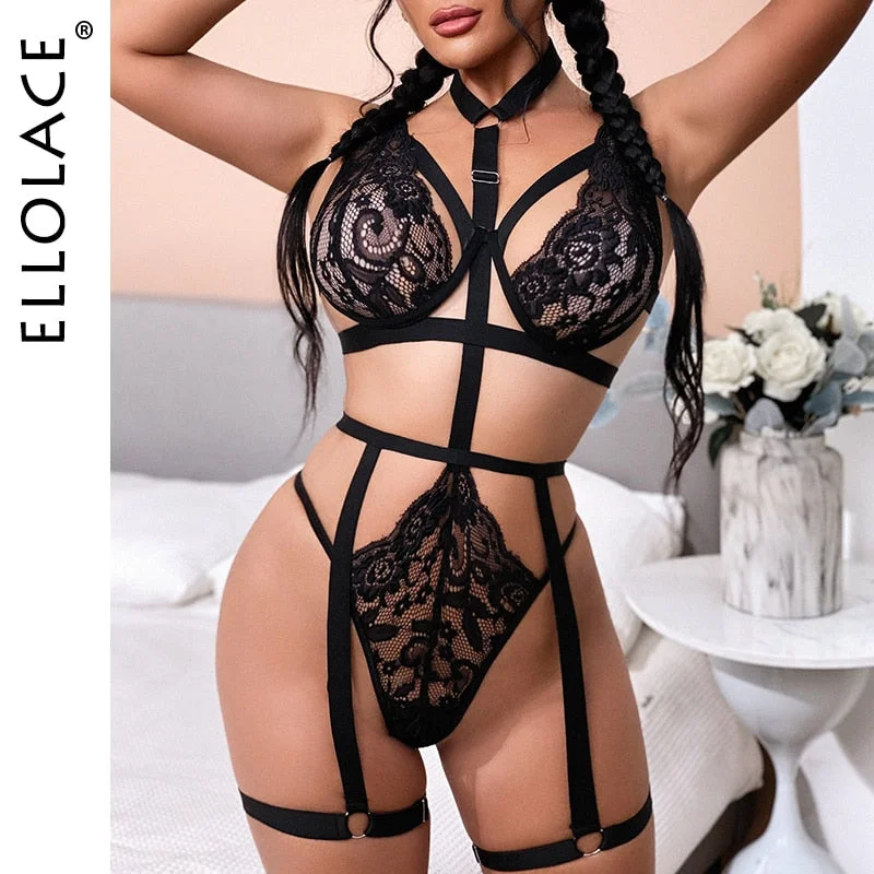 Ellolace Sensual Lingerie Halter Hollow Out Brief Sets With Garters Bandage Sexy Lace Underwear Seamless Black Underwire Bra Set
