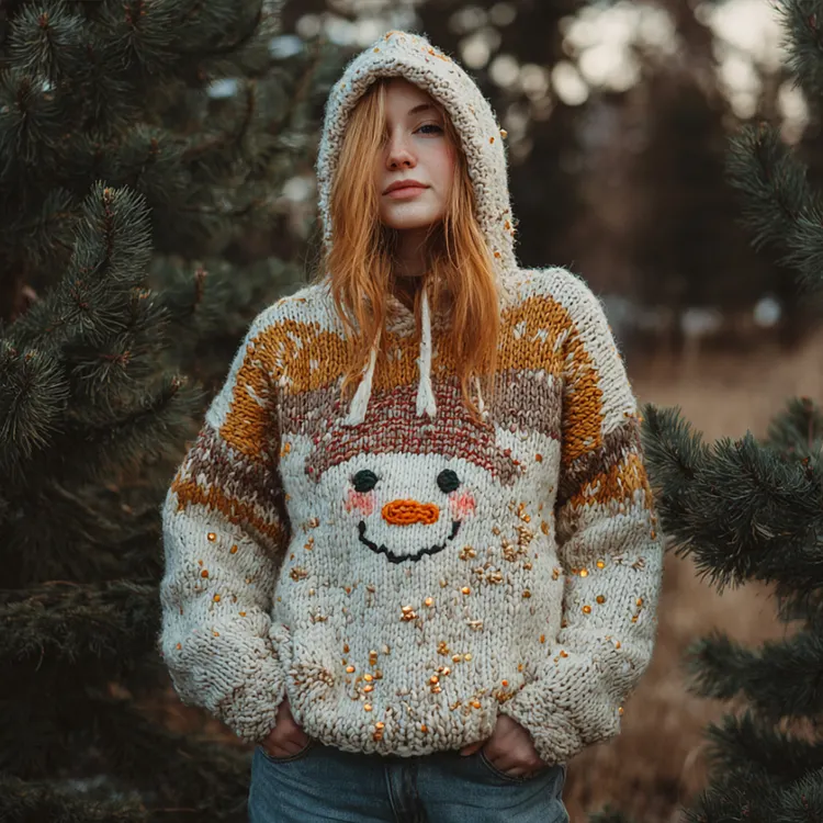 Women's Christmas 3d Embroidered Hat Wearing Snowman Hooded Sweater