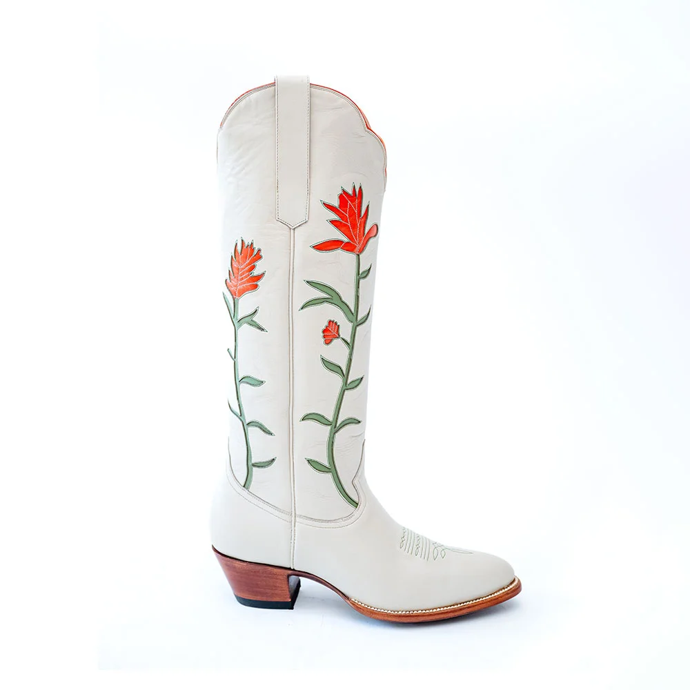 YDN Women's White Chunky Heel Knee High Flower Cowboy Boots