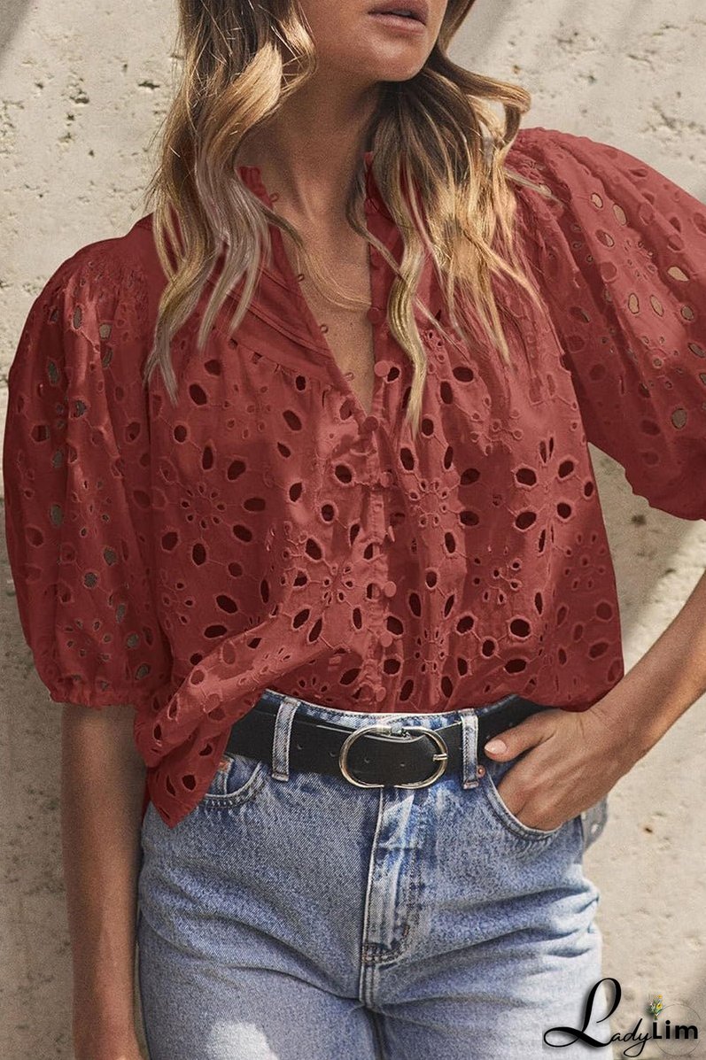 Casual Solid Hollowed Out Buckle Mandarin Collar Tops