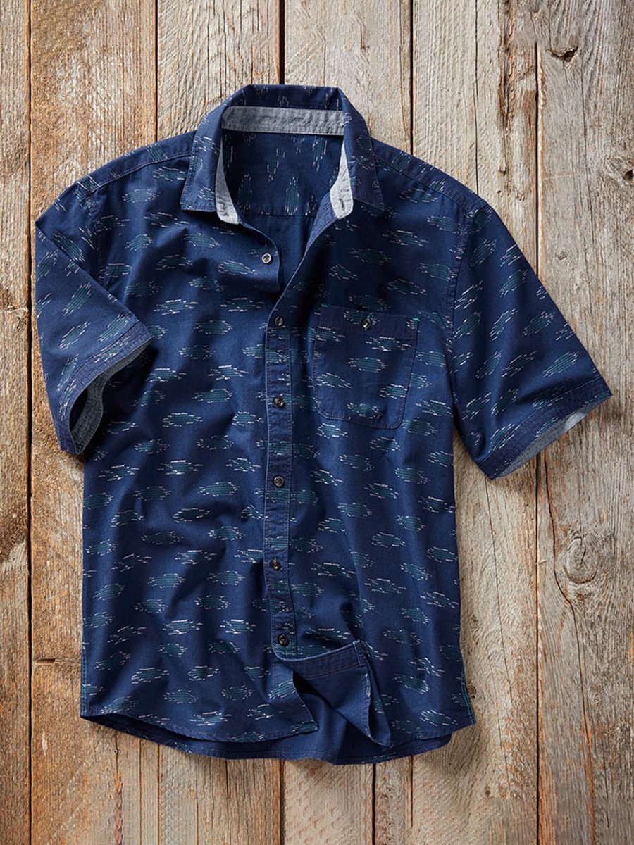Dark Blue for Men Printed Short-Sleeved Cotton and Linen Shirt