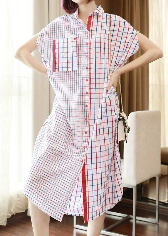 Italian White Oversized Patchwork Plaid Cotton Shirt Dress Summer