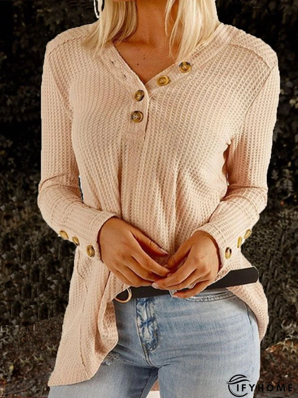 Apricot Patchwork Long Sleeve Buttoned Casual Tunic Top | IFYHOME