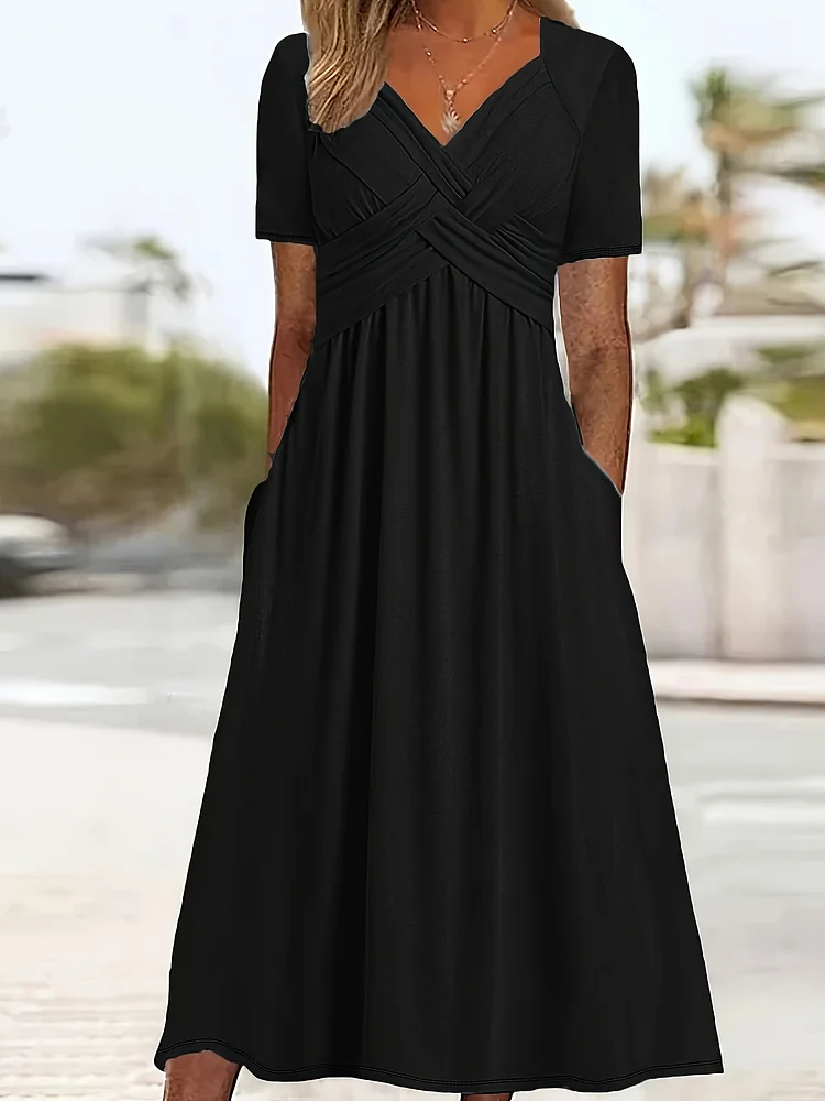 Plus Size - Plus Size Women's Summer Solid Color Elegant Chest Pleated Cross Strap Pocket Short Sleeve Dress