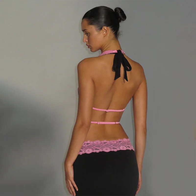 Uveng Uveng 2024 New Sexy Hot Girl Hollow Out Lace Lace Hanging Neck Jumpsuit Temperament Slit Skirt Suit