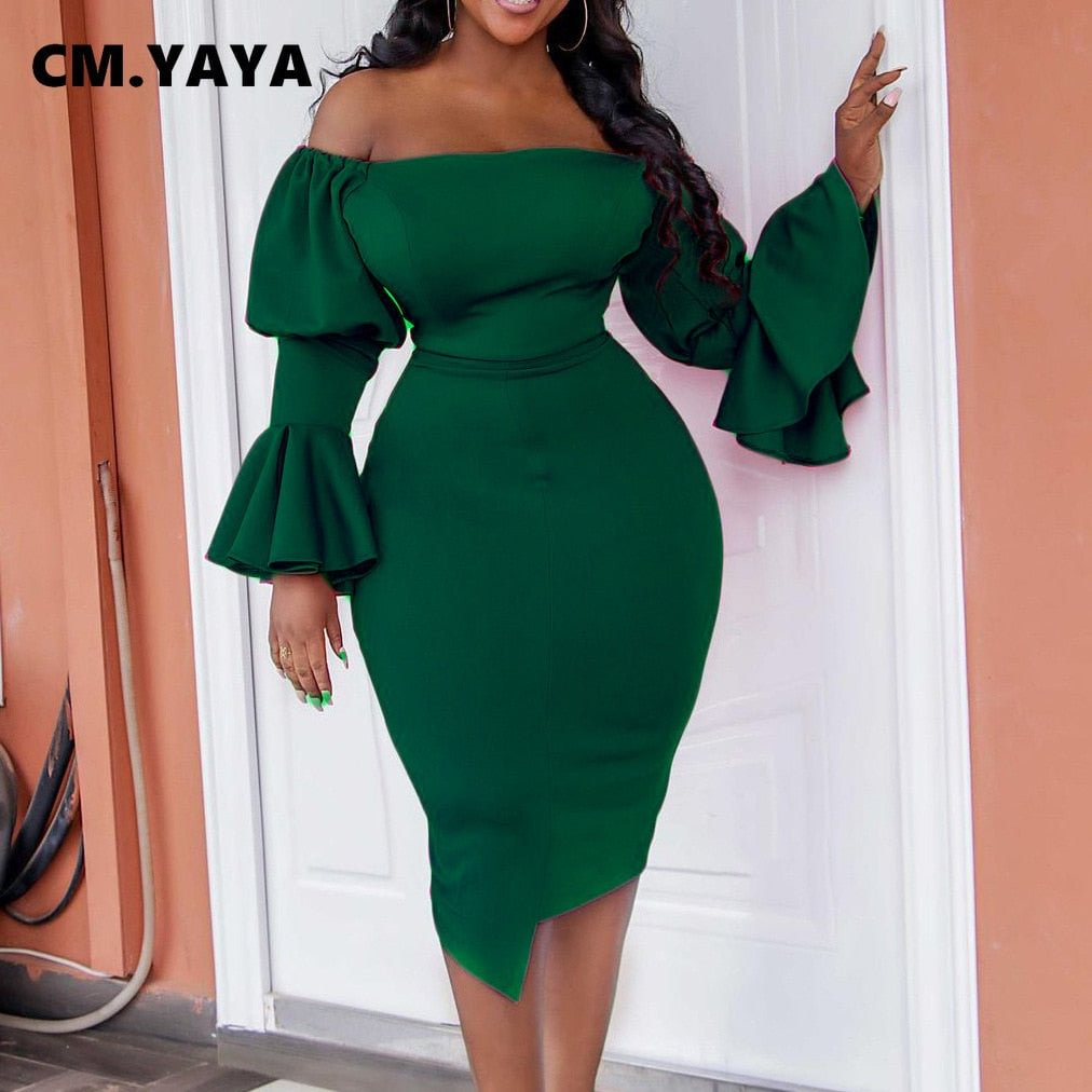 CM.YAYA Women Off Shoulder Flare Lantern Long Sleeve Slash Neck Bodycon Midi Dress Elegant Sexy Party Irregular Dresses 2022 New