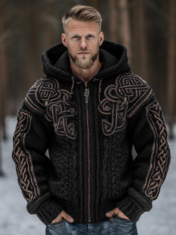 Men's Vintage Viking Celtic Knot Art Chunky Knit Hooded Zip-up Sweater  artssus