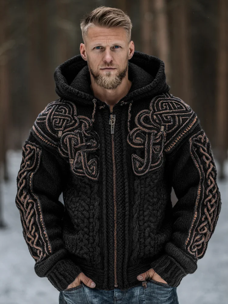 Men's Vintage Viking Celtic Knot Art Chunky Knit Hooded Zip-up Sweater