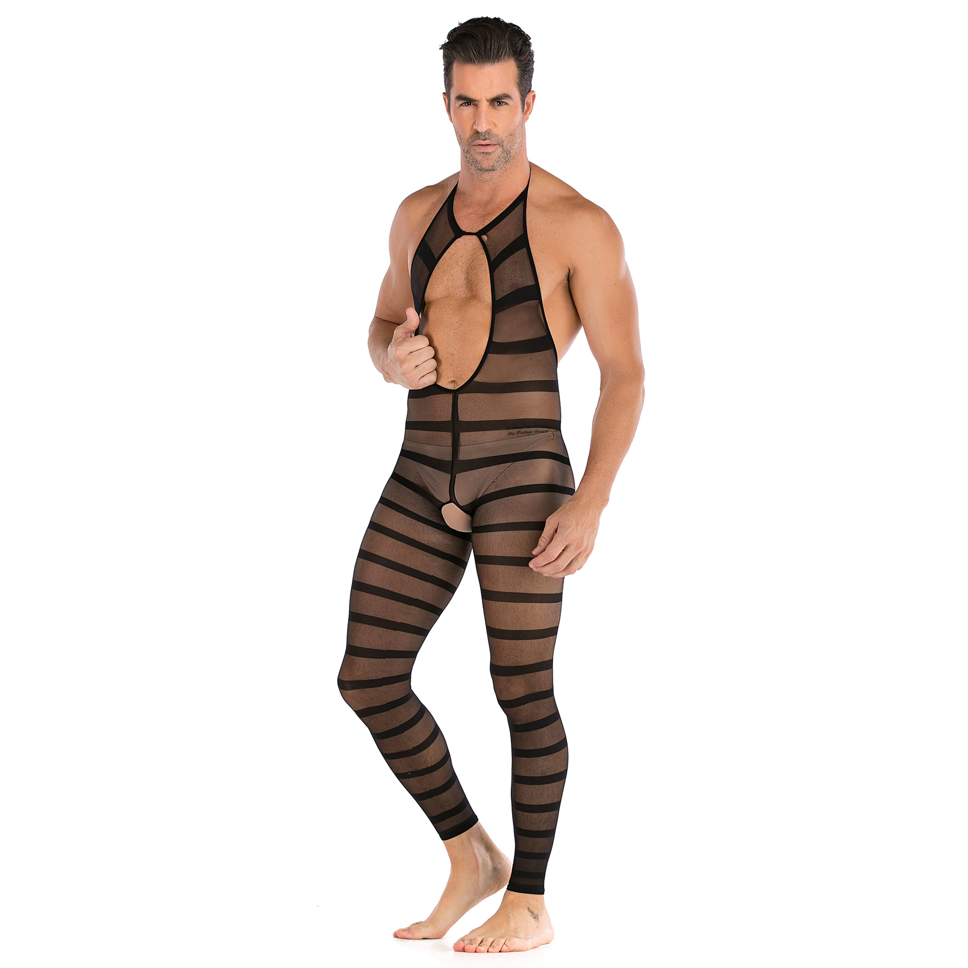 Lovingerie - Men's Striped Halter Neck Open Crotch See-Through Bodysuit