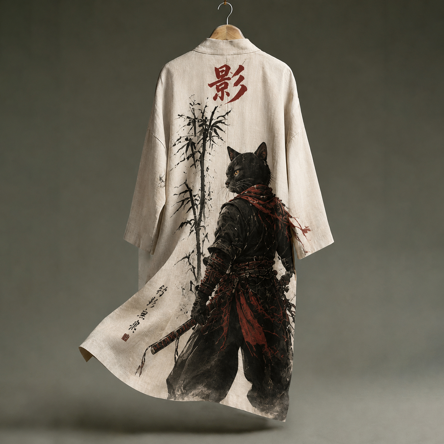 Men's Samurai Black Cat Art Pattern Linen Blend Kimono  artssus