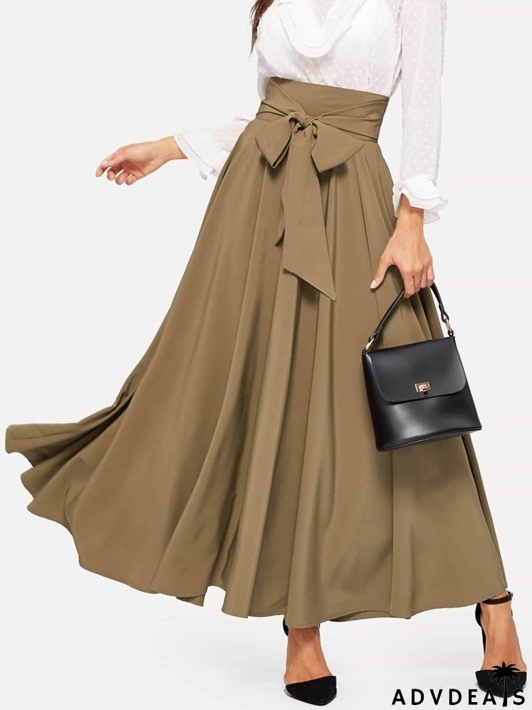 High Waist Zip Back Knot Swing Skirt