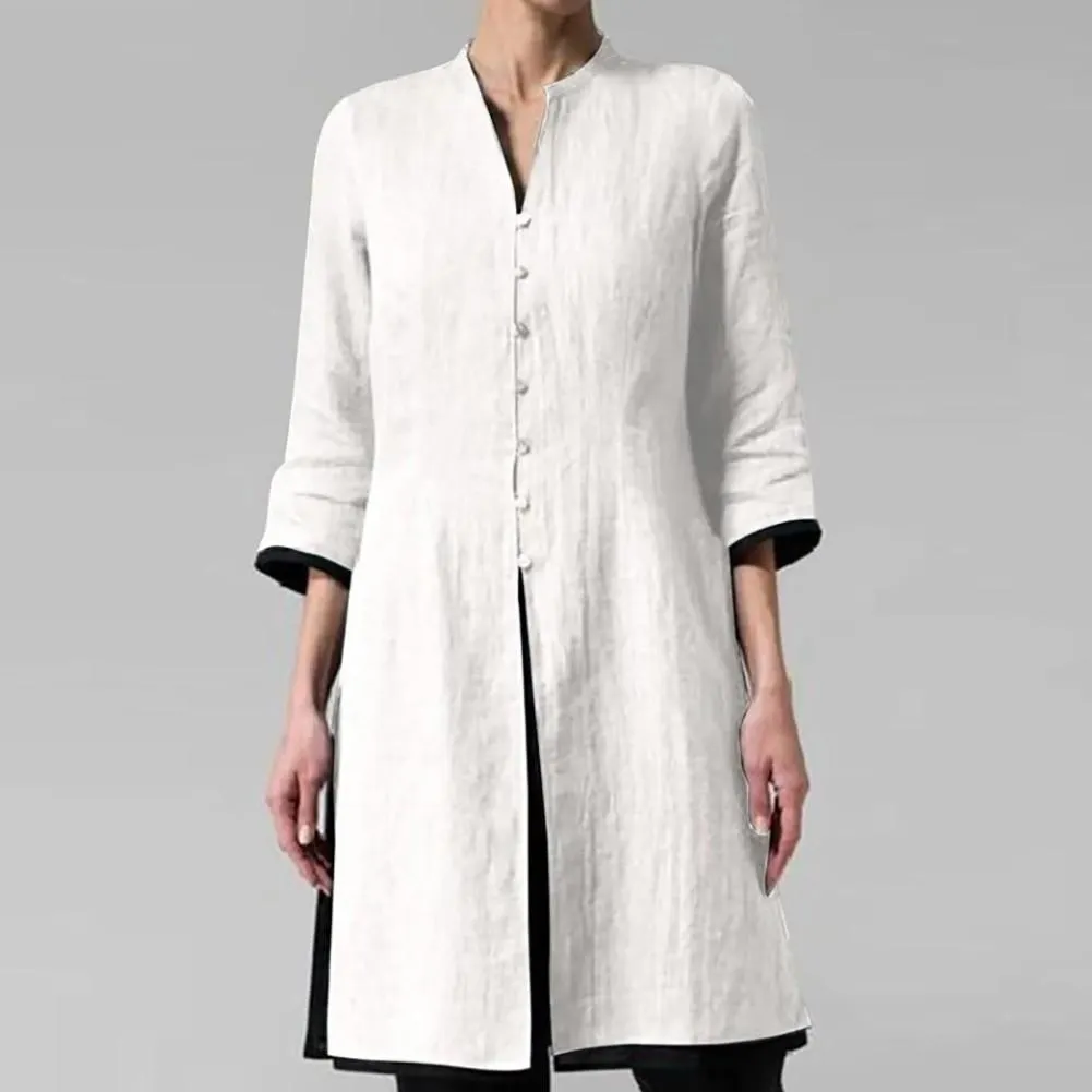 Long Fashion Women Shirt Women Vintage 3/4 Sleeve Single-breasted Irregular Hem Tunic Top Long Shirt Blouse Shirt Summer Top 4XL
