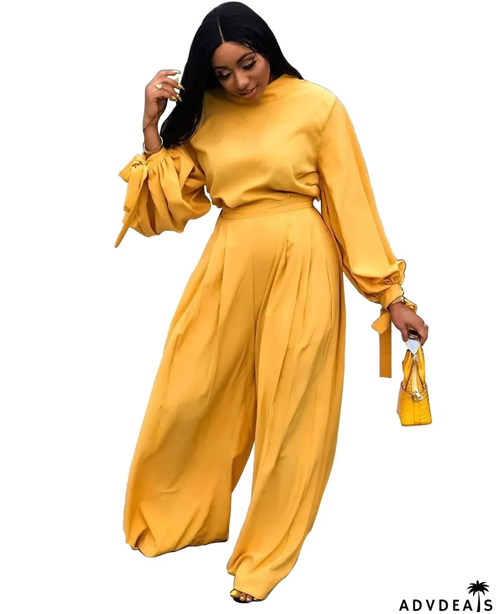 Autumn Solid Color Puff Sleeve Shirt and Loose Pants Set