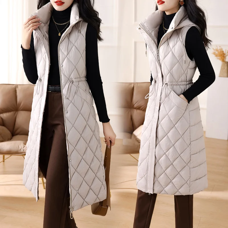 Woherb Fashion Long Down Cotton Vest Female 2024 New Winter Slim Foreign Style Over The Knee Vest Horse Clip Plus Thick Coat-Outfit Ideas