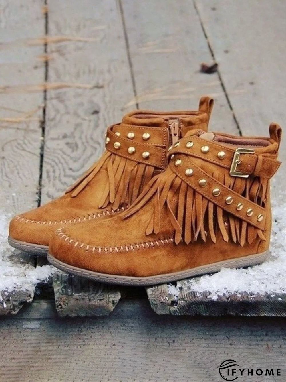 Vintage Fringe Studded Flat Round Toe Buckle Booties | IFYHOME