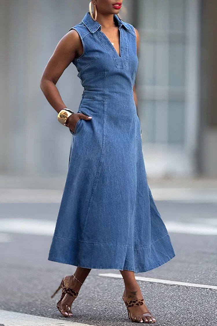 Plus Size Business Casual Blue Sundress V Neck Pocket Denim Midi Dresses [Pre-Order] 2024 - Xpluswear
