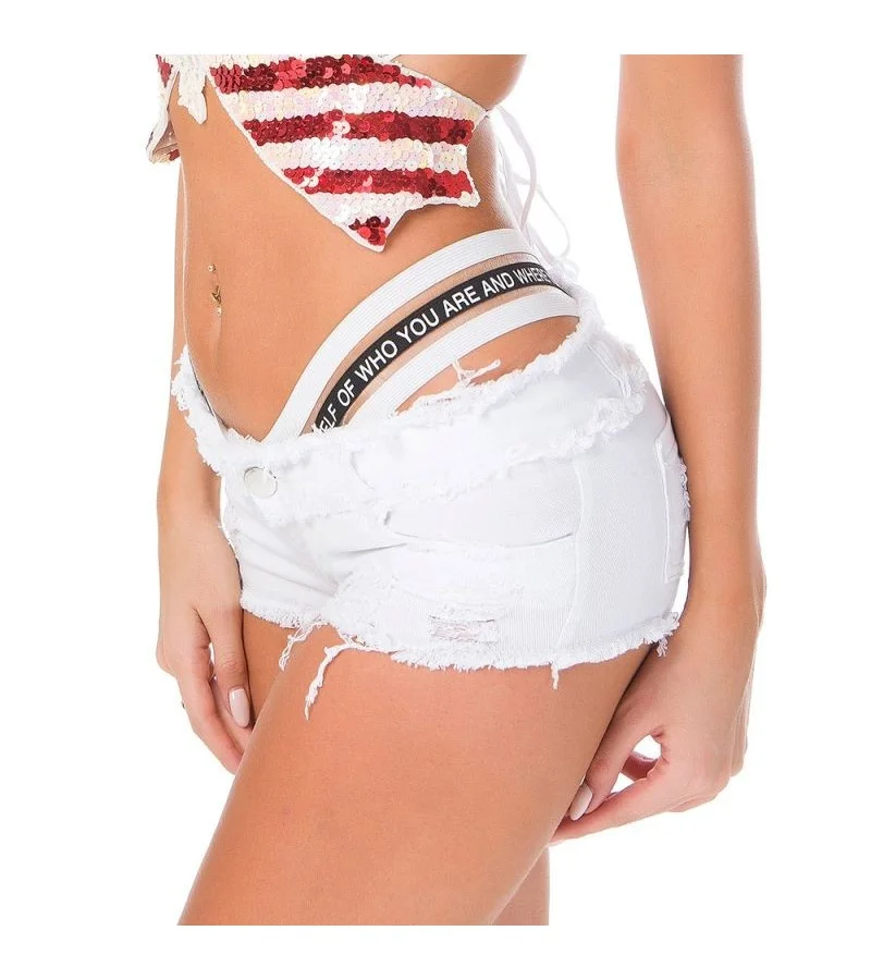 Trendy Hollow Tape Letters Design Low-waisted Raw Hem Ripped Denim Shorts