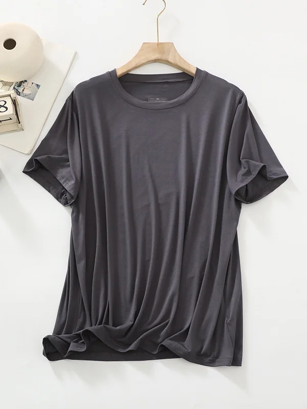 Split-Joint Solid Color Short Sleeves Loose Round-neck T-Shirts Tops