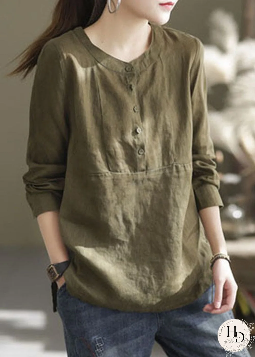 Classy Green O-Neck button Patchwork Linen Shirt Top Long Sleeve