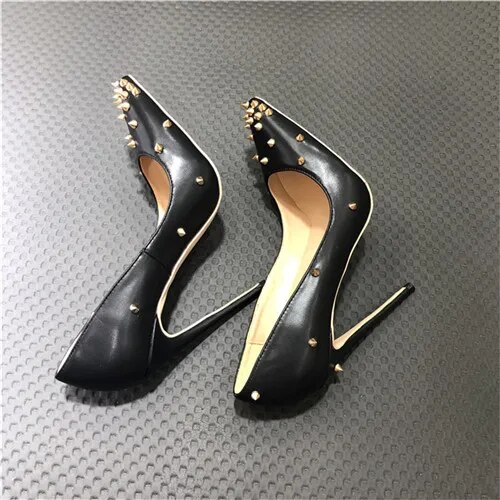 VCshoes Black Rivets Pumps Women Shoes Classics 12cm High Heel Shoes Pointed Toe Women Party Wedding Shoes MD030