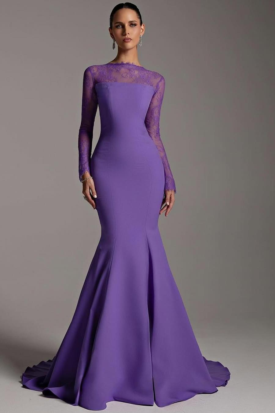 Lussooy Amazing Mermaid Purple Satin Long Sleeves Prom Dress with Lace  
