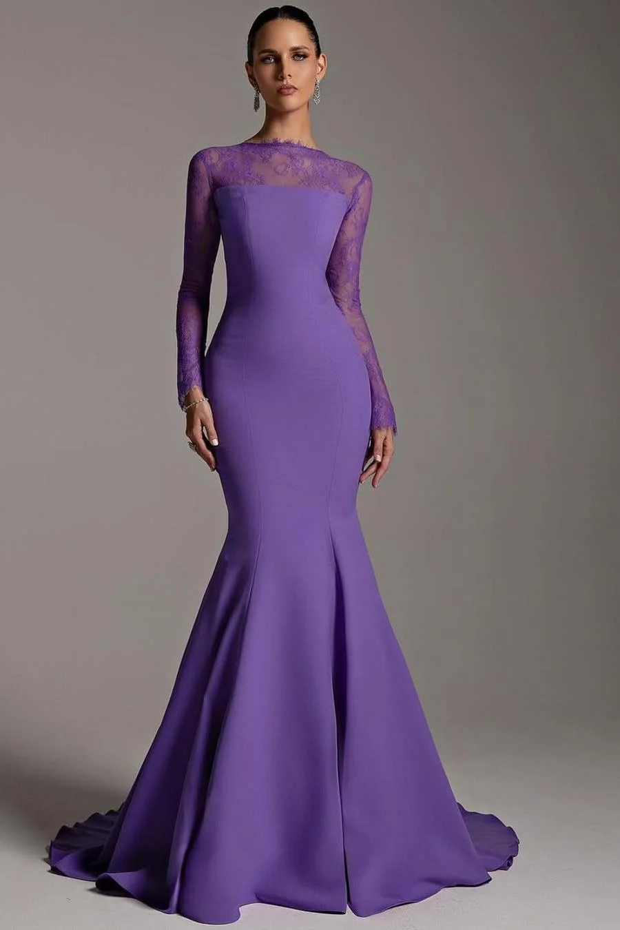 Miabel Amazing Purple Satin Long Sleeves Mermaid Slim Long Prom Dress with Lace 