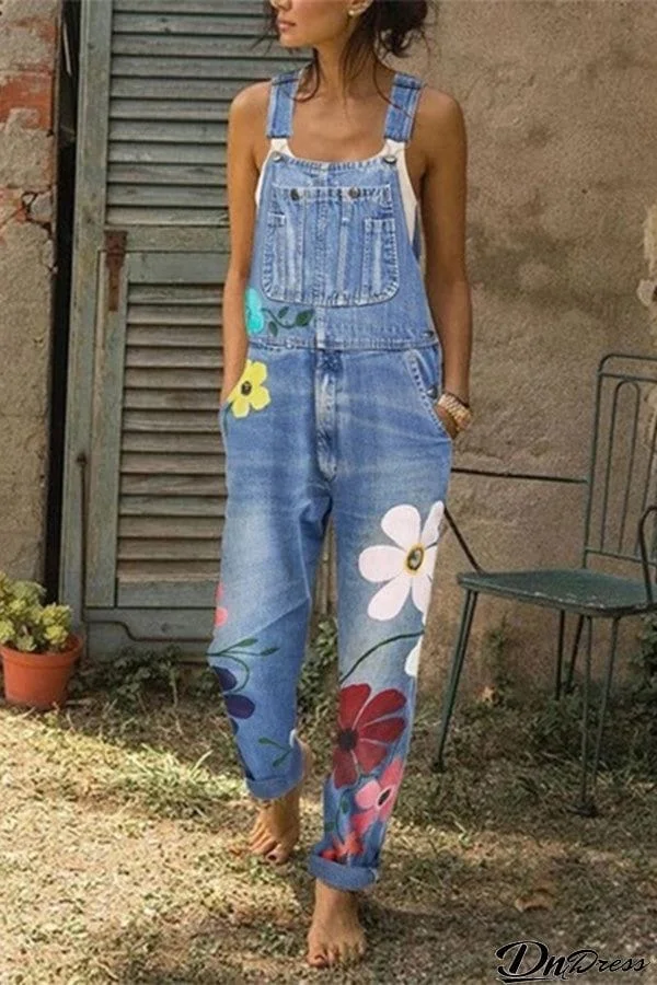 Let's Bloom Floral Print Pocket Denim Jumpsuit