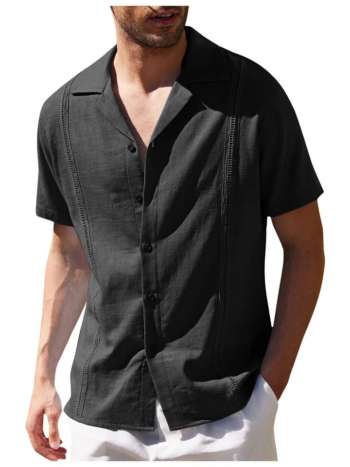 Men's Loose Casual Linen Shirt Cuban Guayabera Short-sleeved Beach Shirt Casual Shirt-Cosfine